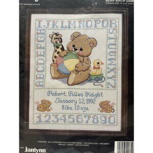 Janlynn Bear Birth Sampler‎ printed cross stitch kit vintage 1992 11” X 14”